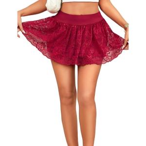 imageAvidlove Womens Pleated Mini Skirt Y2k Sexy Lace Ruffles Lingerie Short SkirtsWine Red