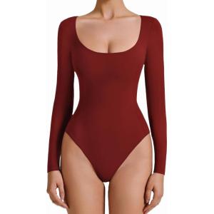 imageAvidlove Bodysuits for Women Long Sleeve Body Suits Womens Scoop Neck Bodysuit Double Lined TopsWine Red