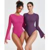 imageAvidlove Womens Bell Long Sleeve Bodysuits Thong Crew Neck Mesh Body Suit Going Out Leotard TopsDark Purple