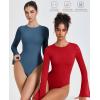 imageAvidlove Womens Bell Long Sleeve Bodysuits Thong Crew Neck Mesh Body Suit Going Out Leotard TopsRed