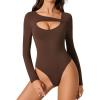 imageAvidlove Women Long Sleeve Bodysuit Scoop Neck Cutout Thong Body Suits Double Lined Slim Fitted Leotard Going Out TopsBrown