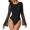 imageAvidlove Womens Bell Long Sleeve Bodysuits Thong Crew Neck Mesh Body Suit Going Out Leotard TopsBlack