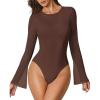 imageAvidlove Womens Bell Long Sleeve Bodysuits Thong Crew Neck Mesh Body Suit Going Out Leotard TopsBrown