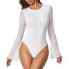 imageAvidlove Womens Bell Long Sleeve Bodysuits Thong Crew Neck Mesh Body Suit Going Out Leotard TopsWhite