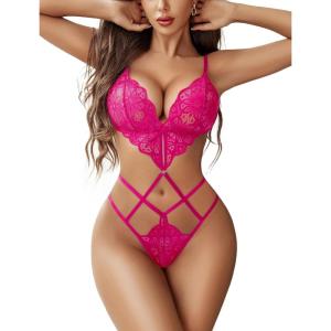 imageAvidlove Women Lingeries Deep V Teddy Lingerie Sexy Lace Bodysuit Cut Out One Piece Mini BabydollRose Red