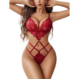 imageAvidlove Women Lingeries Deep V Teddy Lingerie Sexy Lace Bodysuit Cut Out One Piece Mini BabydollWine Red