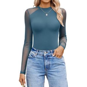 imageAvidlove Women Long Sleeve Bodysuit Crew Neck Body Suits Mesh One Piece Leotards Shirt Going Out Bodysuit TopsDark Blue