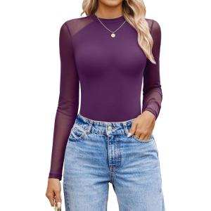 imageAvidlove Women Long Sleeve Bodysuit Crew Neck Body Suits Mesh One Piece Leotards Shirt Going Out Bodysuit TopsDark Purple