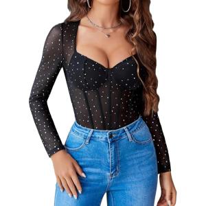 imageAvidlove Women Long Sleeve Bodysuit Sparkle Body Suits Top Mesh One Piece Leotard Shirt Going Out Tops Fall Outfits SXXLBlack