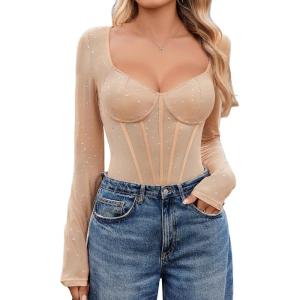 imageAvidlove Women Long Sleeve Bodysuit Sparkle Body Suits Top Mesh One Piece Leotard Shirt Going Out Tops Fall Outfits SXXLNude