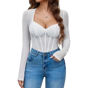 imageAvidlove Women Long Sleeve Bodysuit Sparkle Body Suits Top Mesh One Piece Leotard Shirt Going Out Tops Fall Outfits SXXLWhite