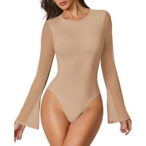 imageAvidlove Womens Bell Long Sleeve Bodysuits Thong Crew Neck Mesh Body Suit Going Out Leotard TopsNude