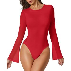 imageAvidlove Womens Bell Long Sleeve Bodysuits Thong Crew Neck Mesh Body Suit Going Out Leotard TopsRed