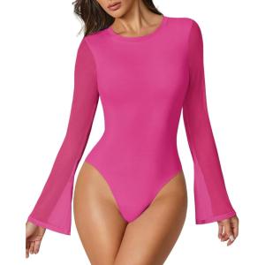 imageAvidlove Womens Bell Long Sleeve Bodysuits Thong Crew Neck Mesh Body Suit Going Out Leotard TopsRose Red