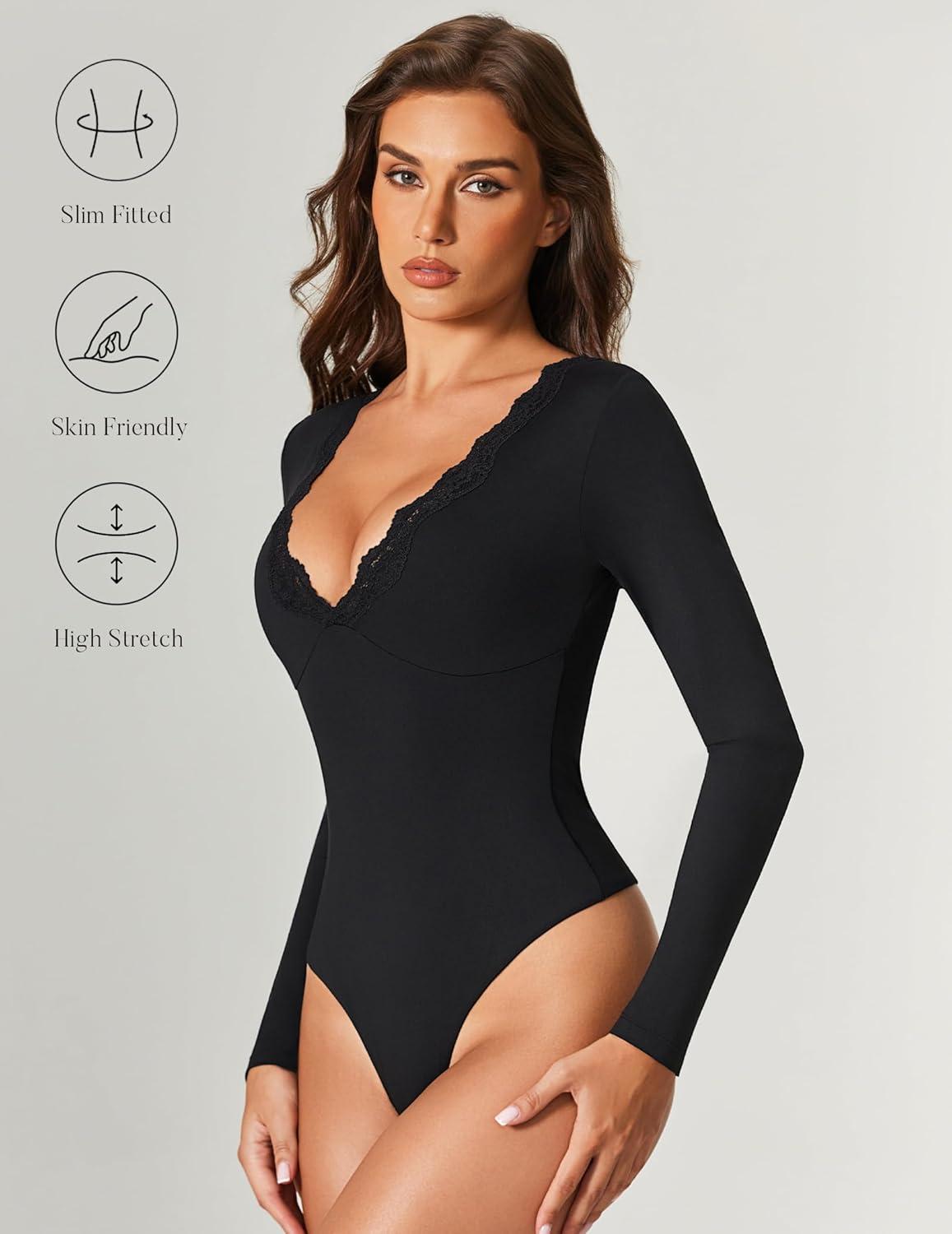 imageAvidlove Bodysuits for Women Long Sleeve Lace V Neck Body Suits Double Lined One Piece Leotard Shirt Going Out TopsBlack