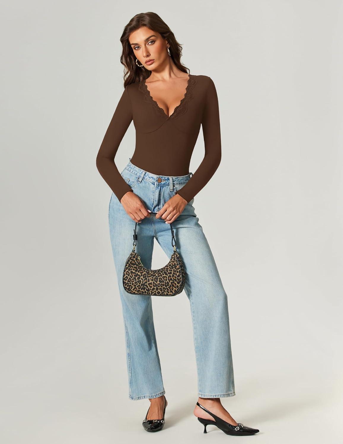 imageAvidlove Bodysuits for Women Long Sleeve Lace V Neck Body Suits Double Lined One Piece Leotard Shirt Going Out TopsBrown