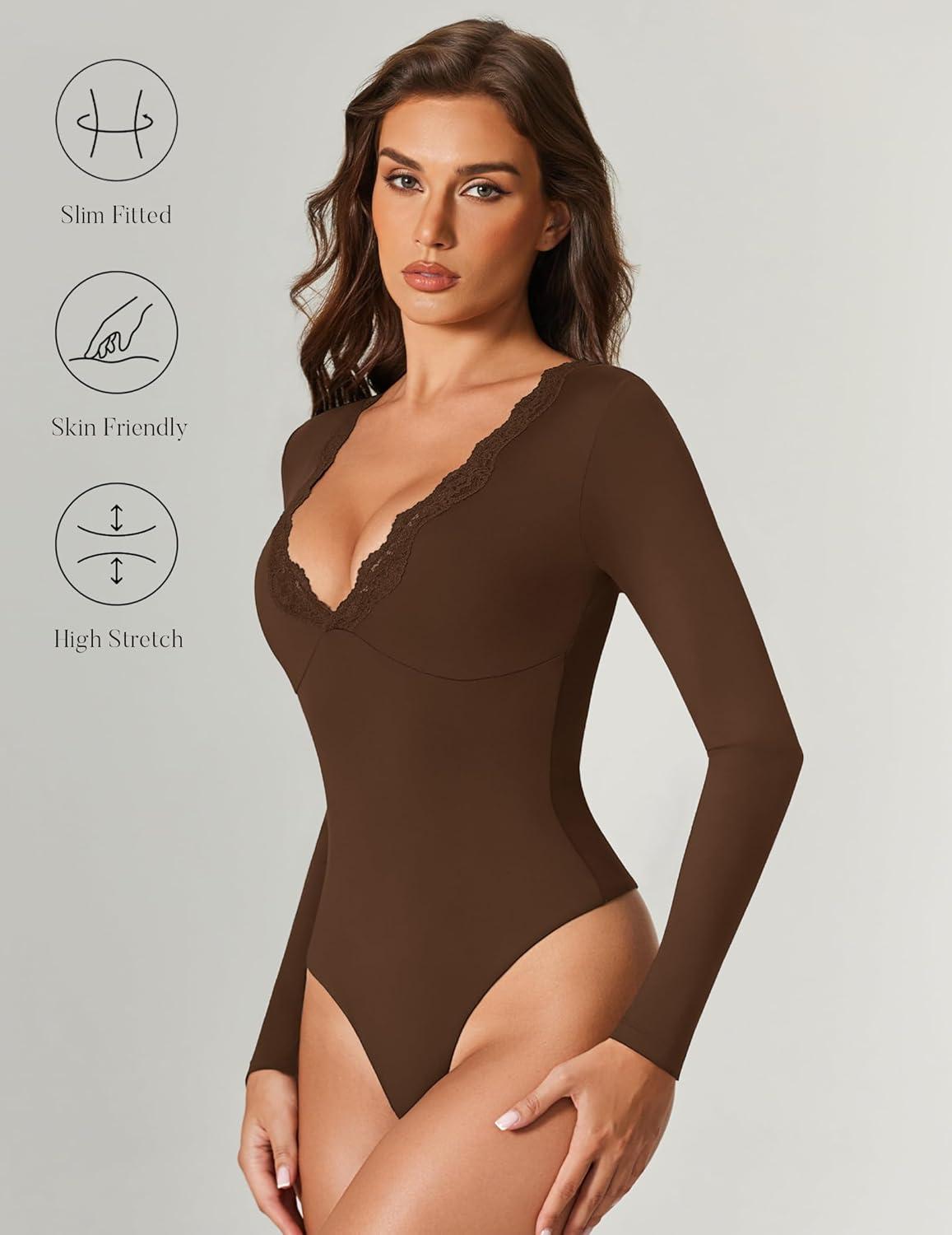 imageAvidlove Bodysuits for Women Long Sleeve Lace V Neck Body Suits Double Lined One Piece Leotard Shirt Going Out TopsBrown