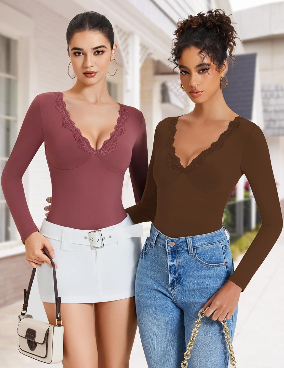 imageAvidlove Bodysuits for Women Long Sleeve Lace V Neck Body Suits Double Lined One Piece Leotard Shirt Going Out TopsBrown