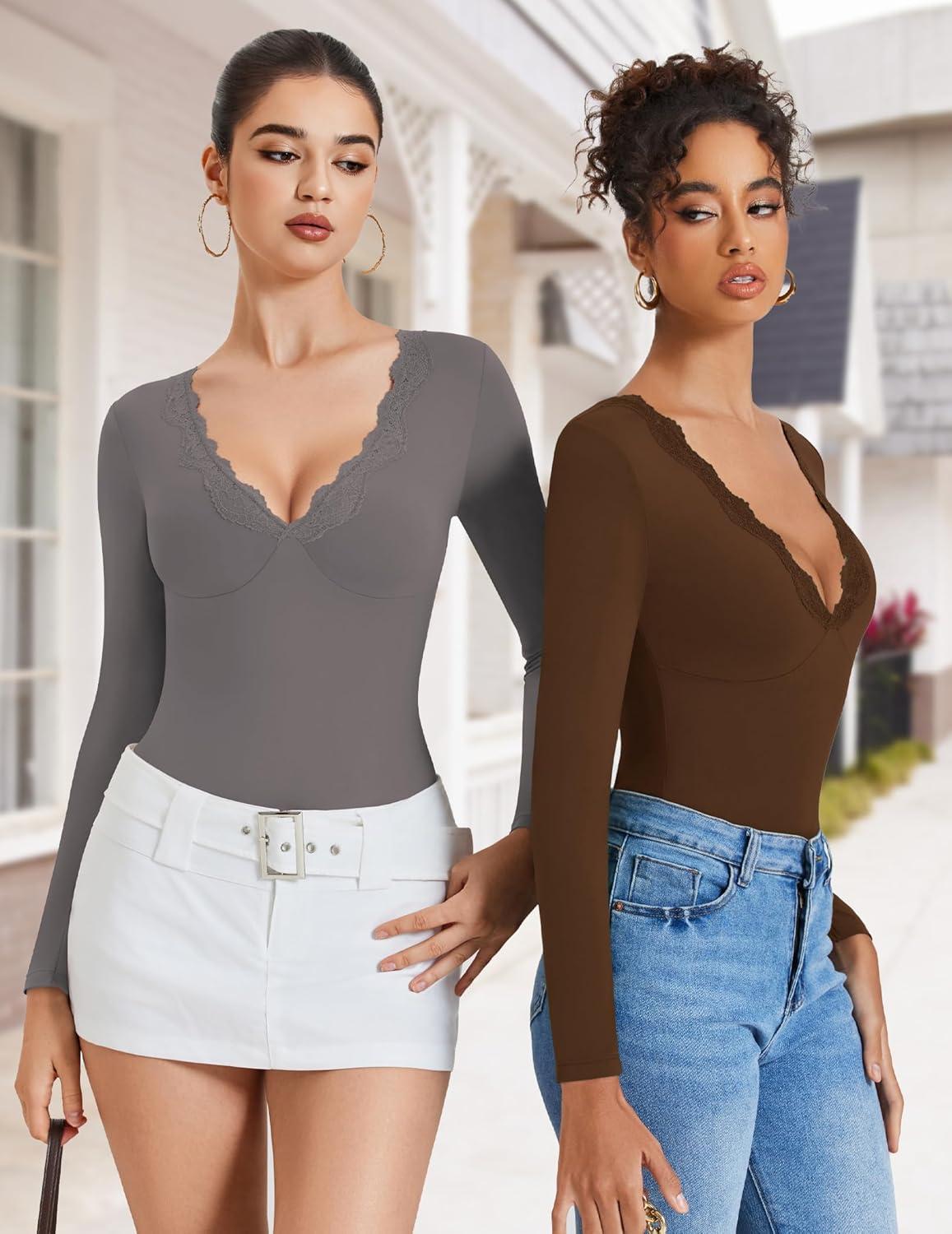 imageAvidlove Bodysuits for Women Long Sleeve Lace V Neck Body Suits Double Lined One Piece Leotard Shirt Going Out TopsDark Grey