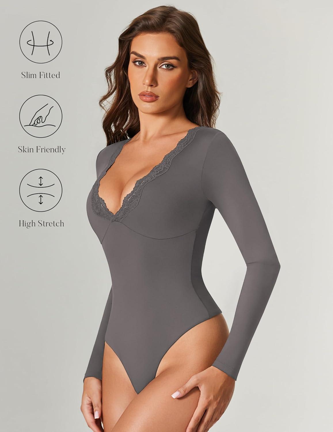imageAvidlove Bodysuits for Women Long Sleeve Lace V Neck Body Suits Double Lined One Piece Leotard Shirt Going Out TopsDark Grey