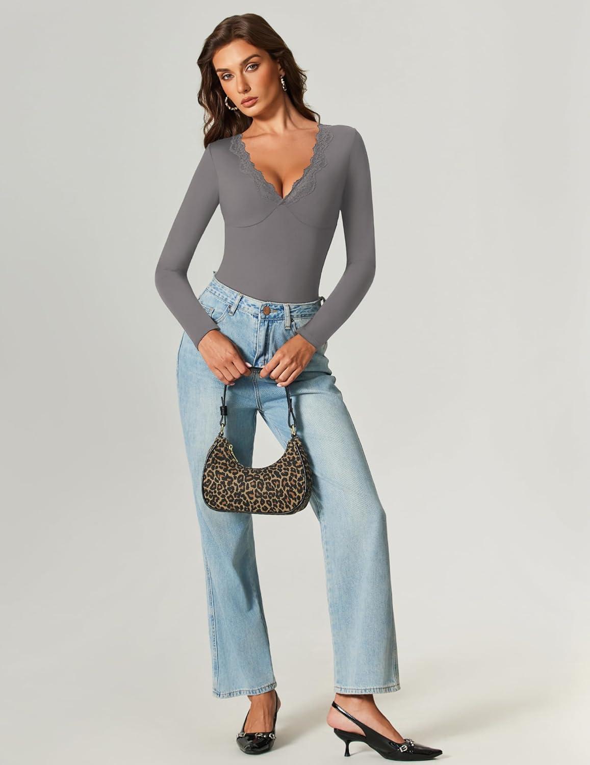 imageAvidlove Bodysuits for Women Long Sleeve Lace V Neck Body Suits Double Lined One Piece Leotard Shirt Going Out TopsDark Grey