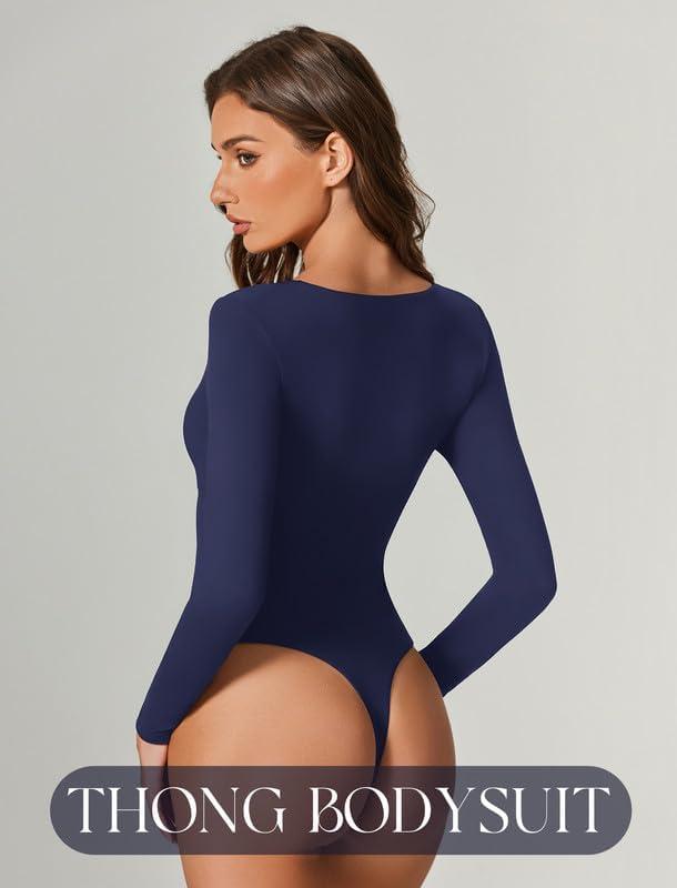 imageAvidlove Bodysuits for Women Long Sleeve Lace V Neck Body Suits Double Lined One Piece Leotard Shirt Going Out TopsNavy Blue