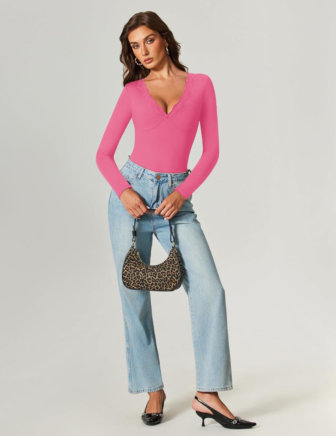 imageAvidlove Bodysuits for Women Long Sleeve Lace V Neck Body Suits Double Lined One Piece Leotard Shirt Going Out TopsPink