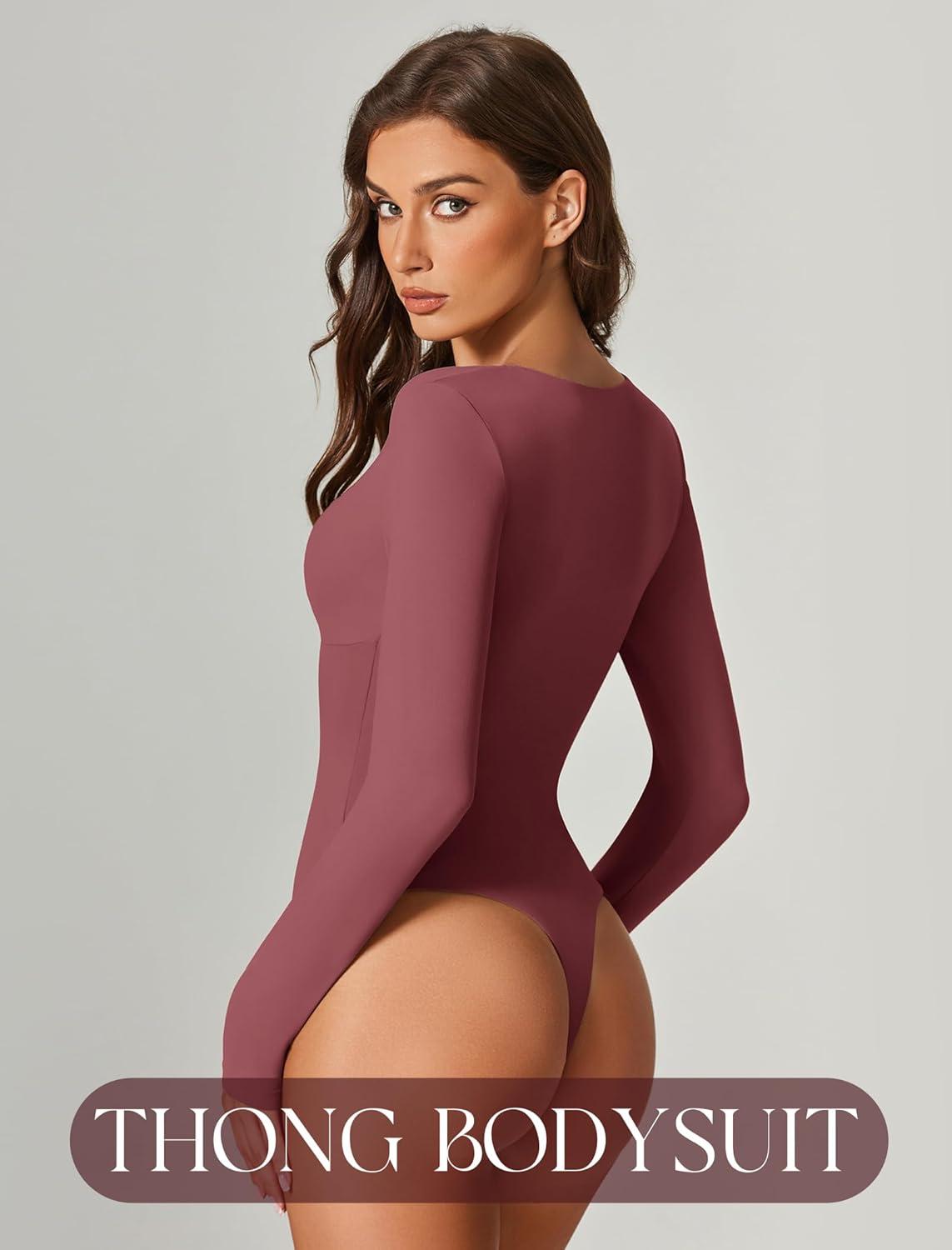 imageAvidlove Bodysuits for Women Long Sleeve Lace V Neck Body Suits Double Lined One Piece Leotard Shirt Going Out TopsPurple Red