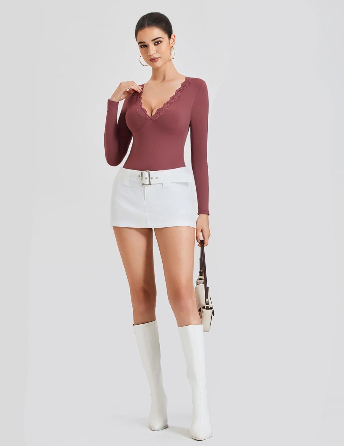 imageAvidlove Bodysuits for Women Long Sleeve Lace V Neck Body Suits Double Lined One Piece Leotard Shirt Going Out TopsPurple Red