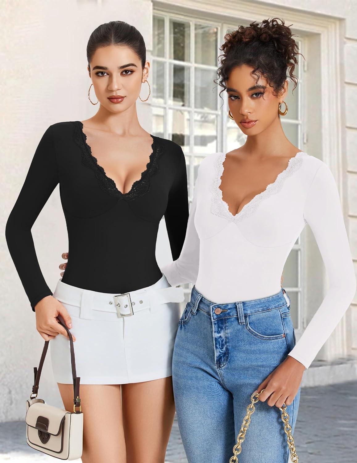imageAvidlove Bodysuits for Women Long Sleeve Lace V Neck Body Suits Double Lined One Piece Leotard Shirt Going Out TopsWhite