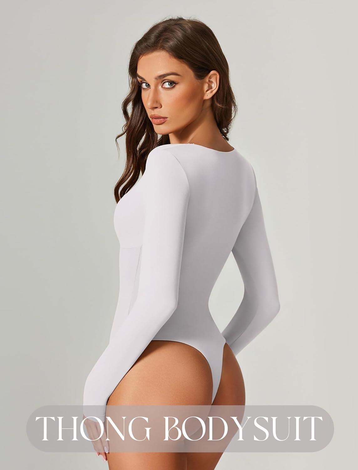 imageAvidlove Bodysuits for Women Long Sleeve Lace V Neck Body Suits Double Lined One Piece Leotard Shirt Going Out TopsWhite