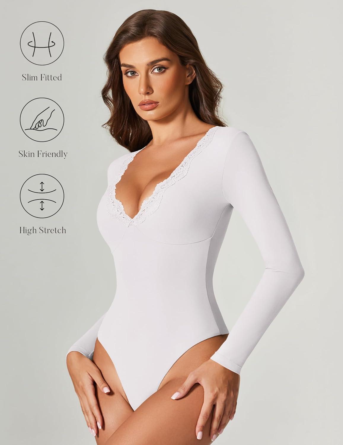 imageAvidlove Bodysuits for Women Long Sleeve Lace V Neck Body Suits Double Lined One Piece Leotard Shirt Going Out TopsWhite