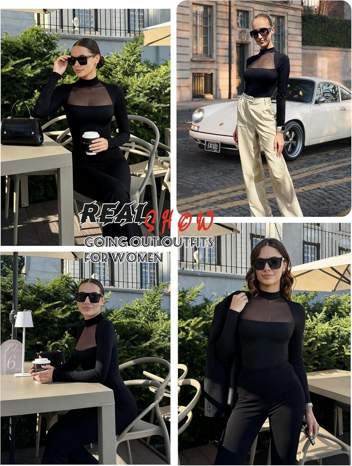 imageAvidlove Bodysuits for Women Mock Neck Shapewear Body Suit Long Sleeve Leotard Mesh Going Out Tops Concert OutfitsBlack