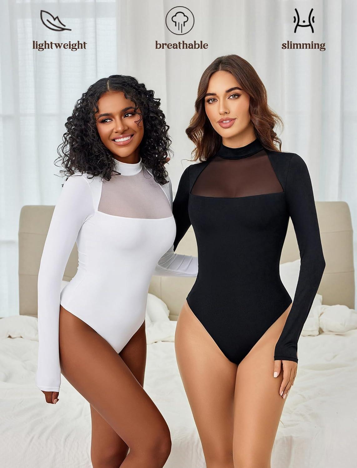 imageAvidlove Bodysuits for Women Mock Neck Shapewear Body Suit Long Sleeve Leotard Mesh Going Out Tops Concert OutfitsBlack