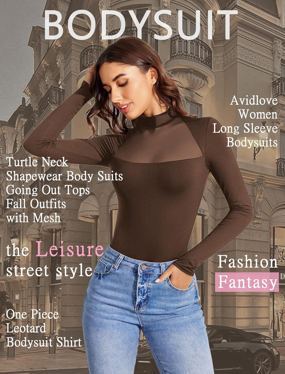 imageAvidlove Bodysuits for Women Mock Neck Shapewear Body Suit Long Sleeve Leotard Mesh Going Out Tops Concert OutfitsBrown