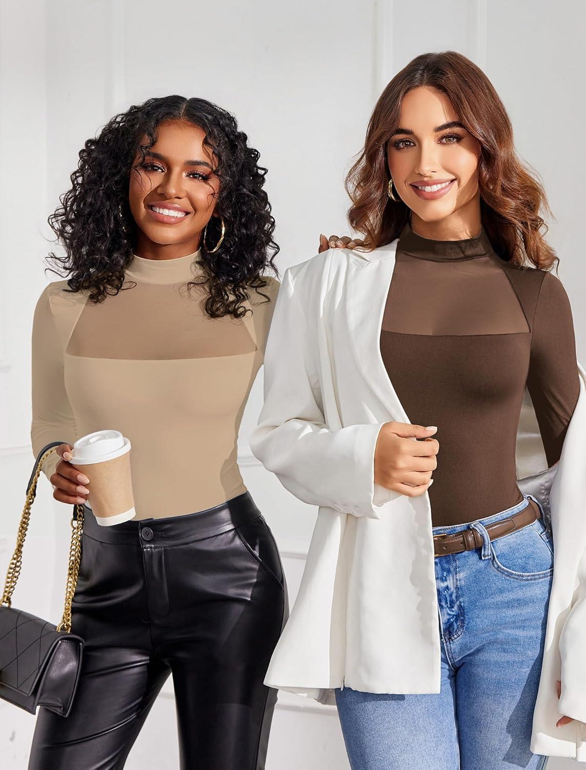 imageAvidlove Bodysuits for Women Mock Neck Shapewear Body Suit Long Sleeve Leotard Mesh Going Out Tops Concert OutfitsBrown