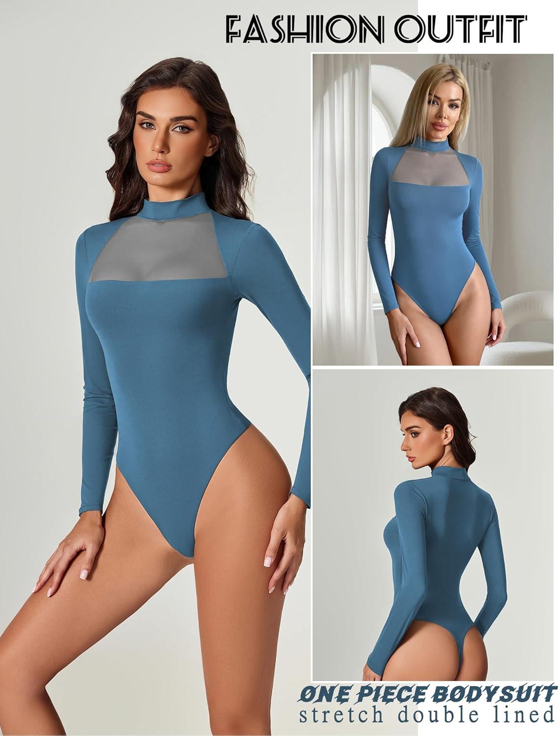 imageAvidlove Bodysuits for Women Mock Neck Shapewear Body Suit Long Sleeve Leotard Mesh Going Out Tops Concert OutfitsDark Blue