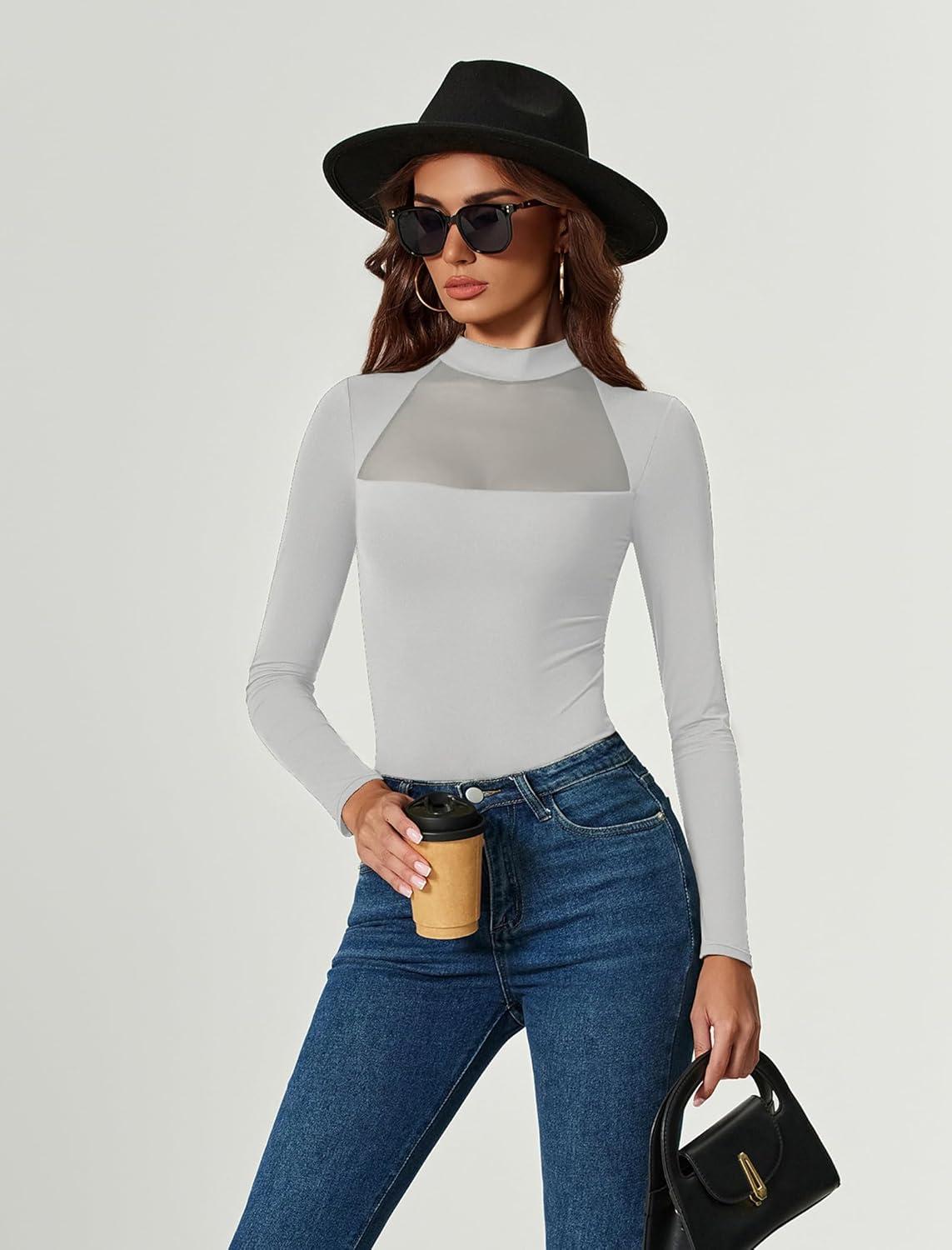 imageAvidlove Bodysuits for Women Mock Neck Shapewear Body Suit Long Sleeve Leotard Mesh Going Out Tops Concert OutfitsGrey