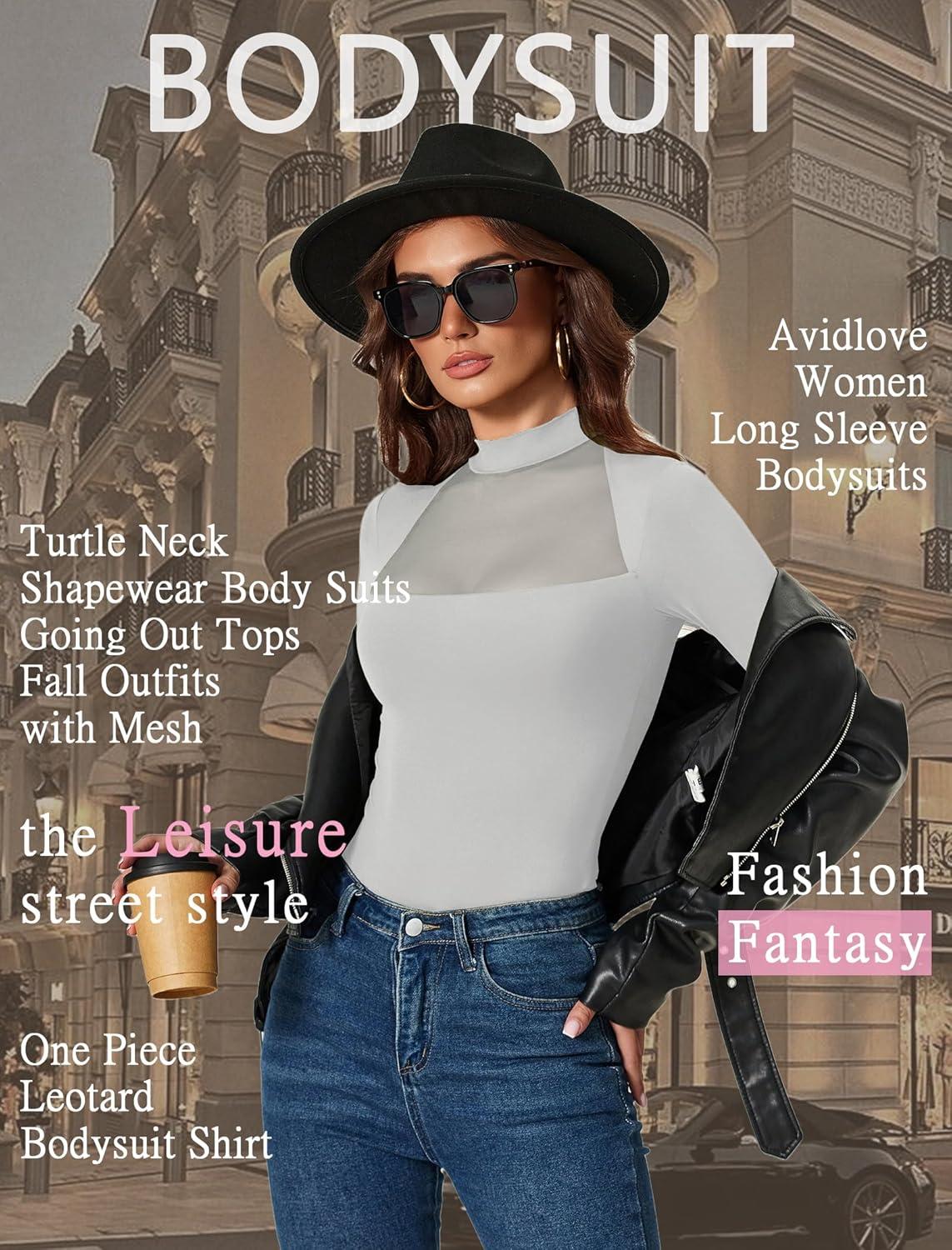 imageAvidlove Bodysuits for Women Mock Neck Shapewear Body Suit Long Sleeve Leotard Mesh Going Out Tops Concert OutfitsGrey