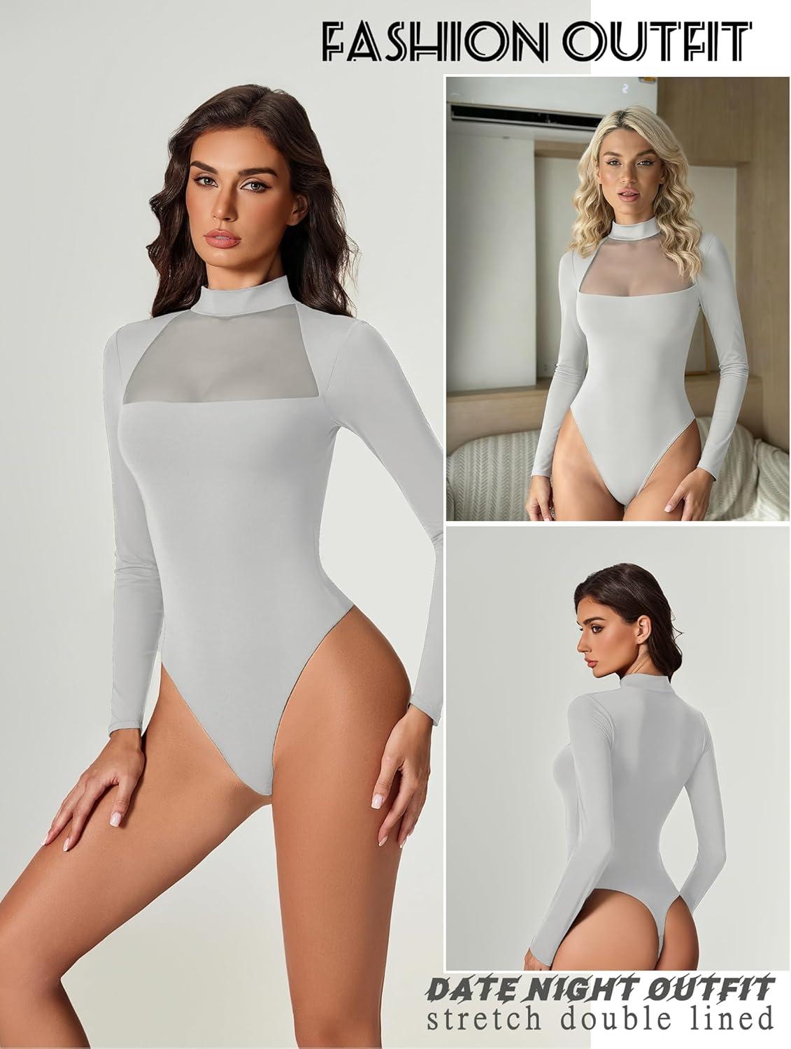 imageAvidlove Bodysuits for Women Mock Neck Shapewear Body Suit Long Sleeve Leotard Mesh Going Out Tops Concert OutfitsGrey