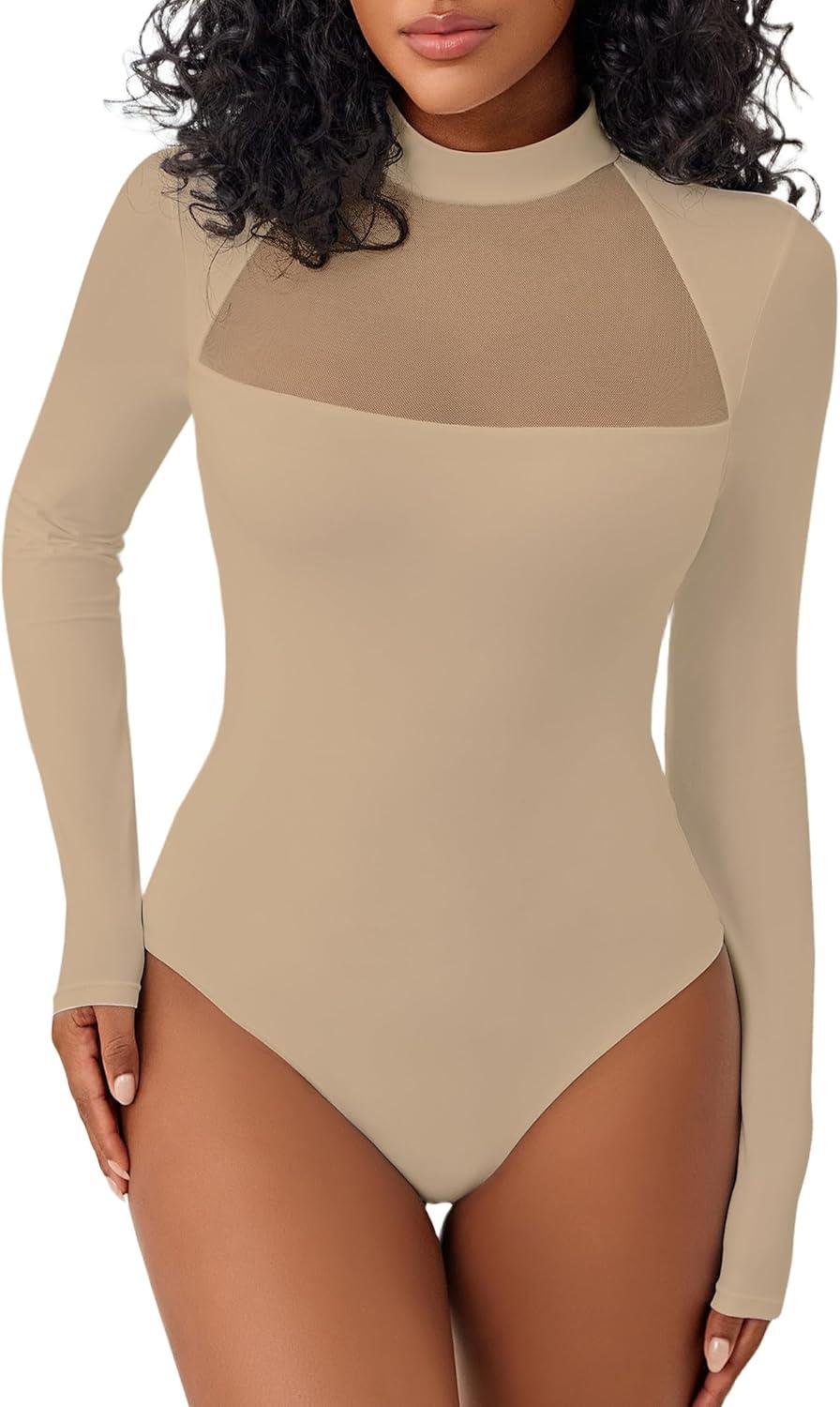 imageAvidlove Bodysuits for Women Mock Neck Shapewear Body Suit Long Sleeve Leotard Mesh Going Out Tops Concert OutfitsKhaki
