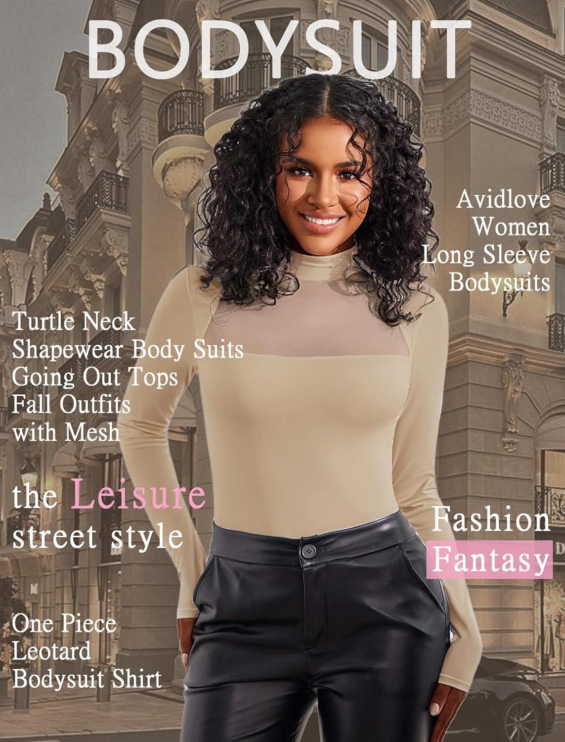imageAvidlove Bodysuits for Women Mock Neck Shapewear Body Suit Long Sleeve Leotard Mesh Going Out Tops Concert OutfitsKhaki
