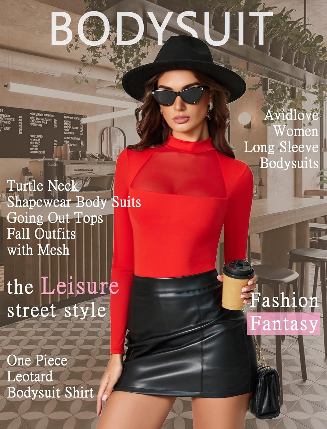 imageAvidlove Bodysuits for Women Mock Neck Shapewear Body Suit Long Sleeve Leotard Mesh Going Out Tops Concert OutfitsRed