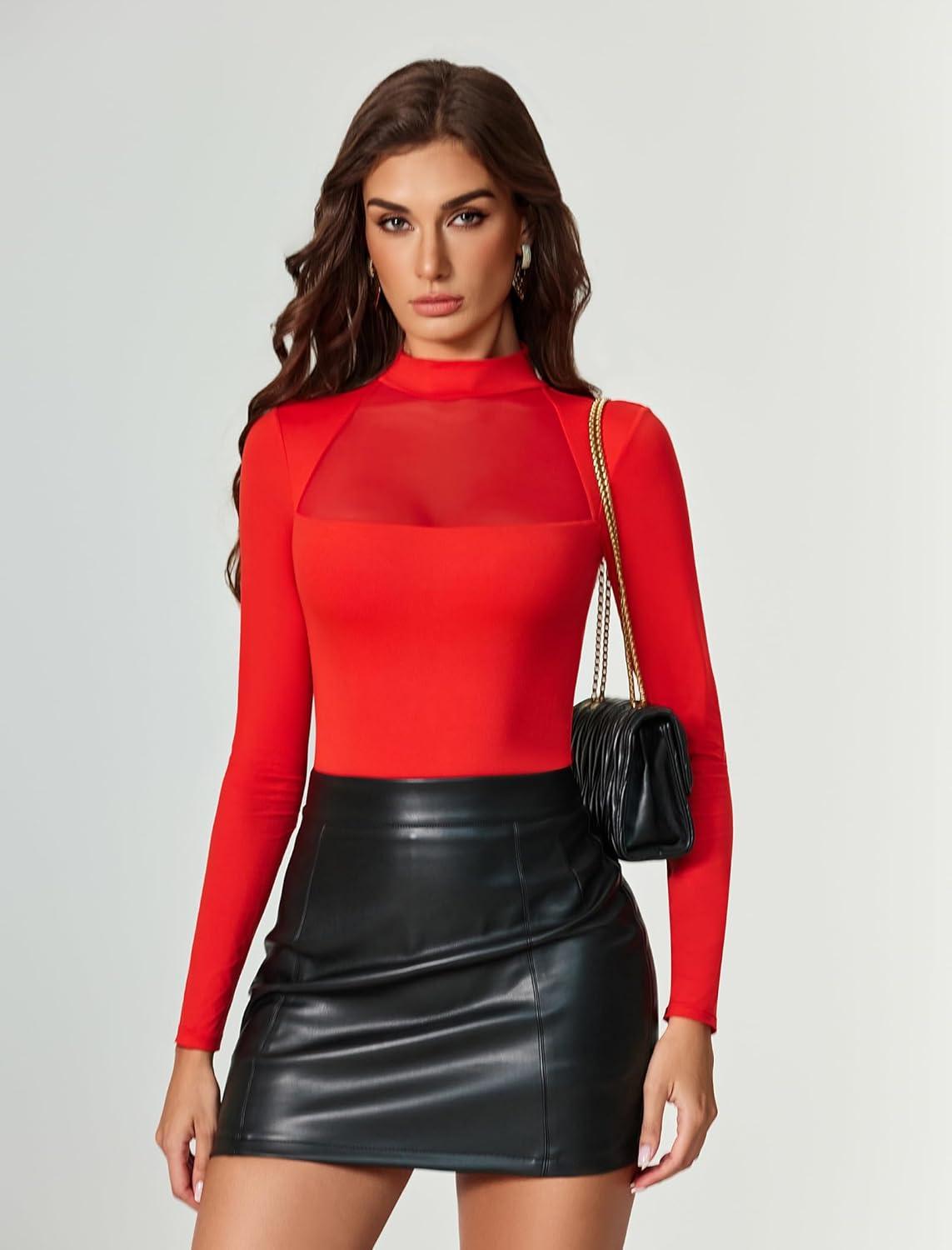 imageAvidlove Bodysuits for Women Mock Neck Shapewear Body Suit Long Sleeve Leotard Mesh Going Out Tops Concert OutfitsRed