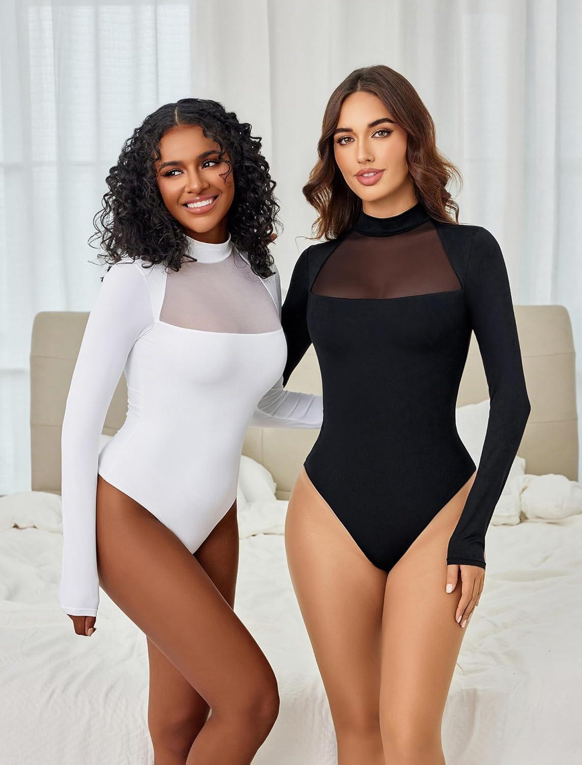 imageAvidlove Bodysuits for Women Mock Neck Shapewear Body Suit Long Sleeve Leotard Mesh Going Out Tops Concert OutfitsWhite