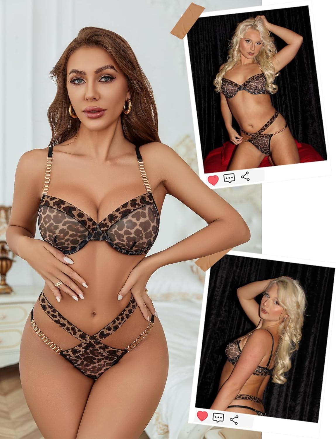imageAvidlove Leopard Print Bra Mesh See Through Underwire Bra Panty Set with Chain Leopard Large