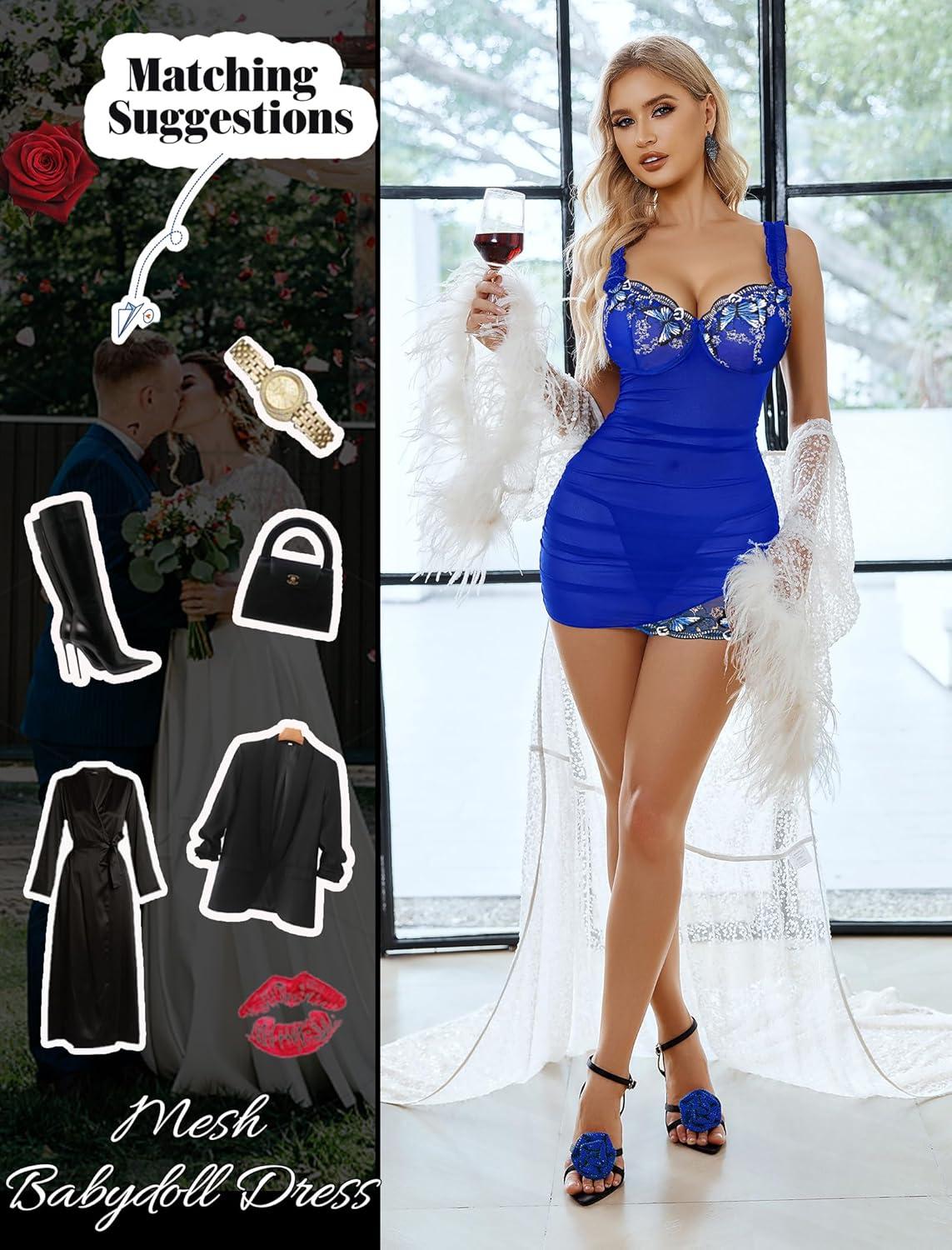 imageAvidlove Lingerie for Women Mesh Babydoll Lingeries Lace Chemise Floral Sleepwear Dress Sheer Exotic Boudoir Outfit SXXLBlue Butterfly