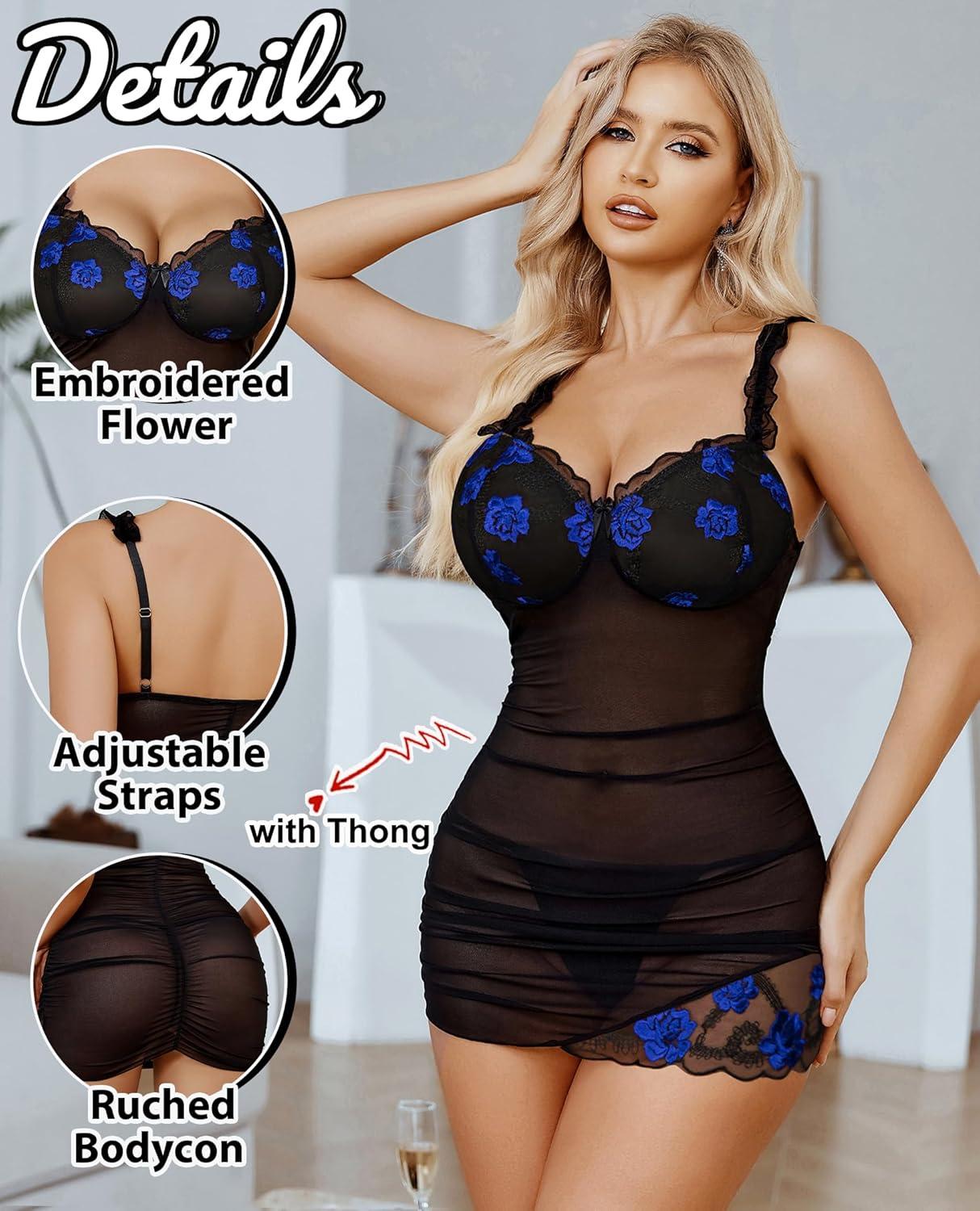 imageAvidlove Lingerie for Women Mesh Babydoll Lingeries Lace Chemise Floral Sleepwear Dress Sheer Exotic Boudoir Outfit SXXLBlue Floral