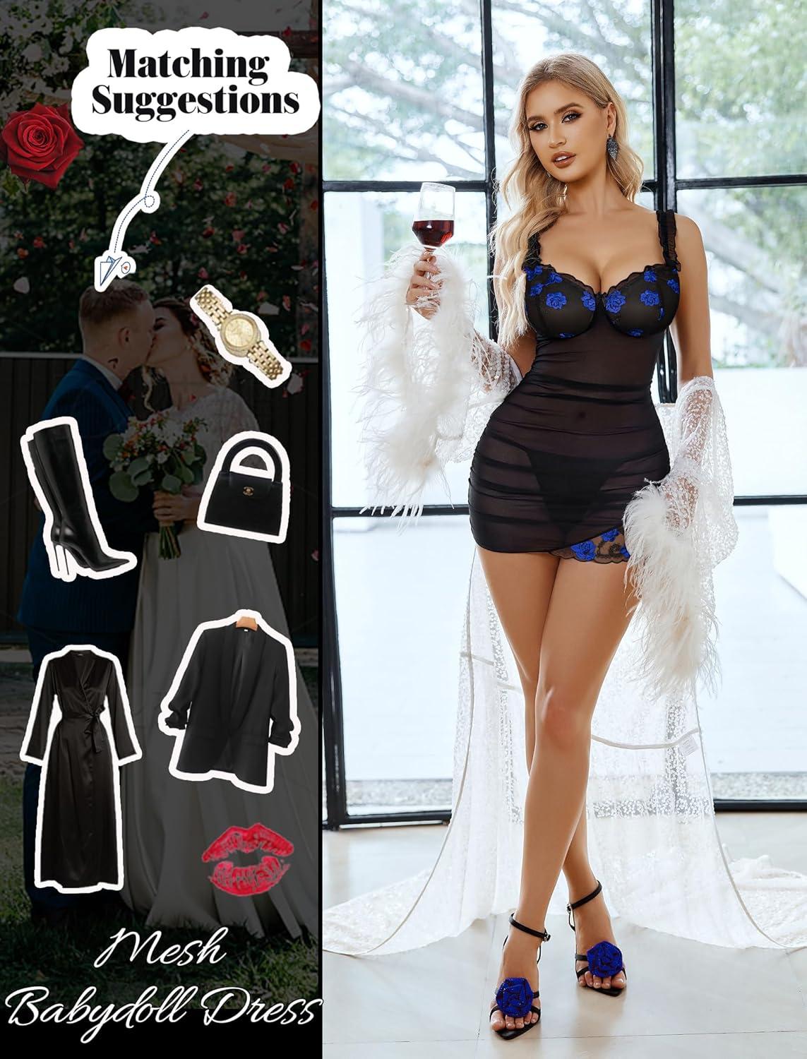 imageAvidlove Lingerie for Women Mesh Babydoll Lingeries Lace Chemise Floral Sleepwear Dress Sheer Exotic Boudoir Outfit SXXLBlue Floral