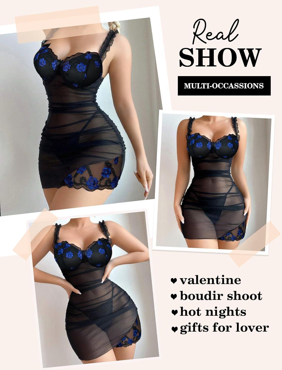 imageAvidlove Lingerie for Women Mesh Babydoll Lingeries Lace Chemise Floral Sleepwear Dress Sheer Exotic Boudoir Outfit SXXLBlue Floral